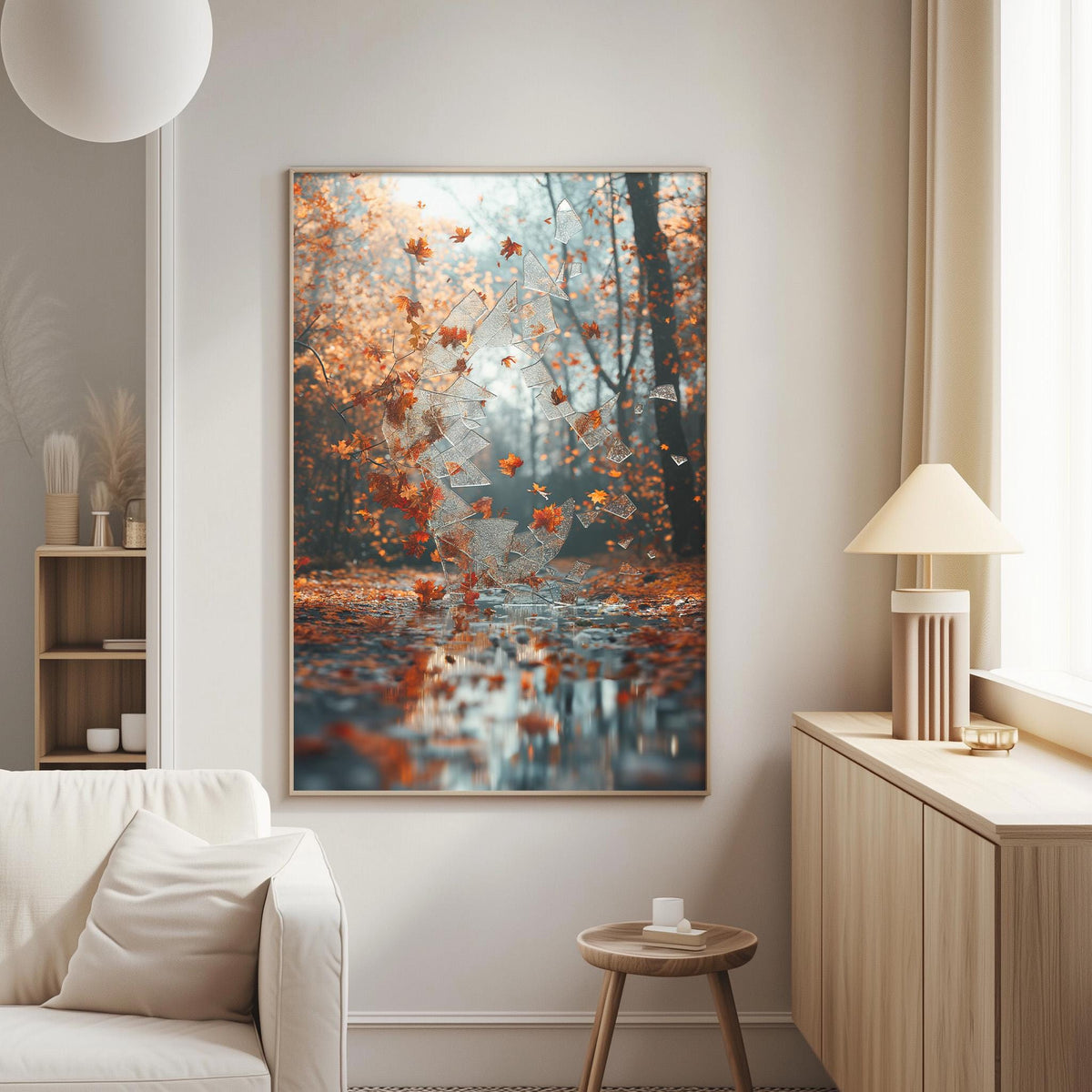 a large framed painting of a forest scene with autumn leaves, hanging on a wall in a living room.