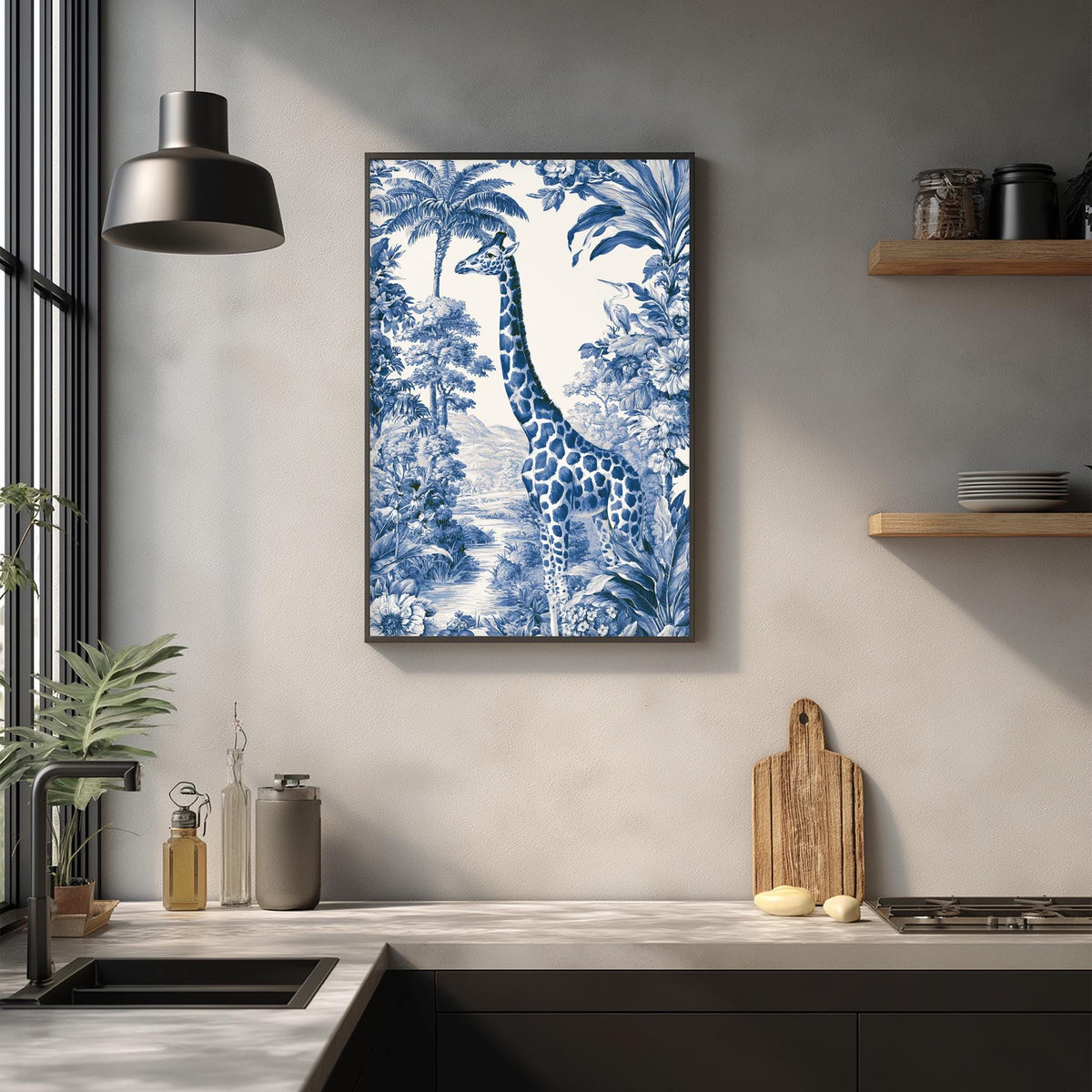 a kitchen counter with a framed blue and white illustration of a giraffe, a wooden cutting board, and various kitchen items such as a bottle, a canister, and a bowl.