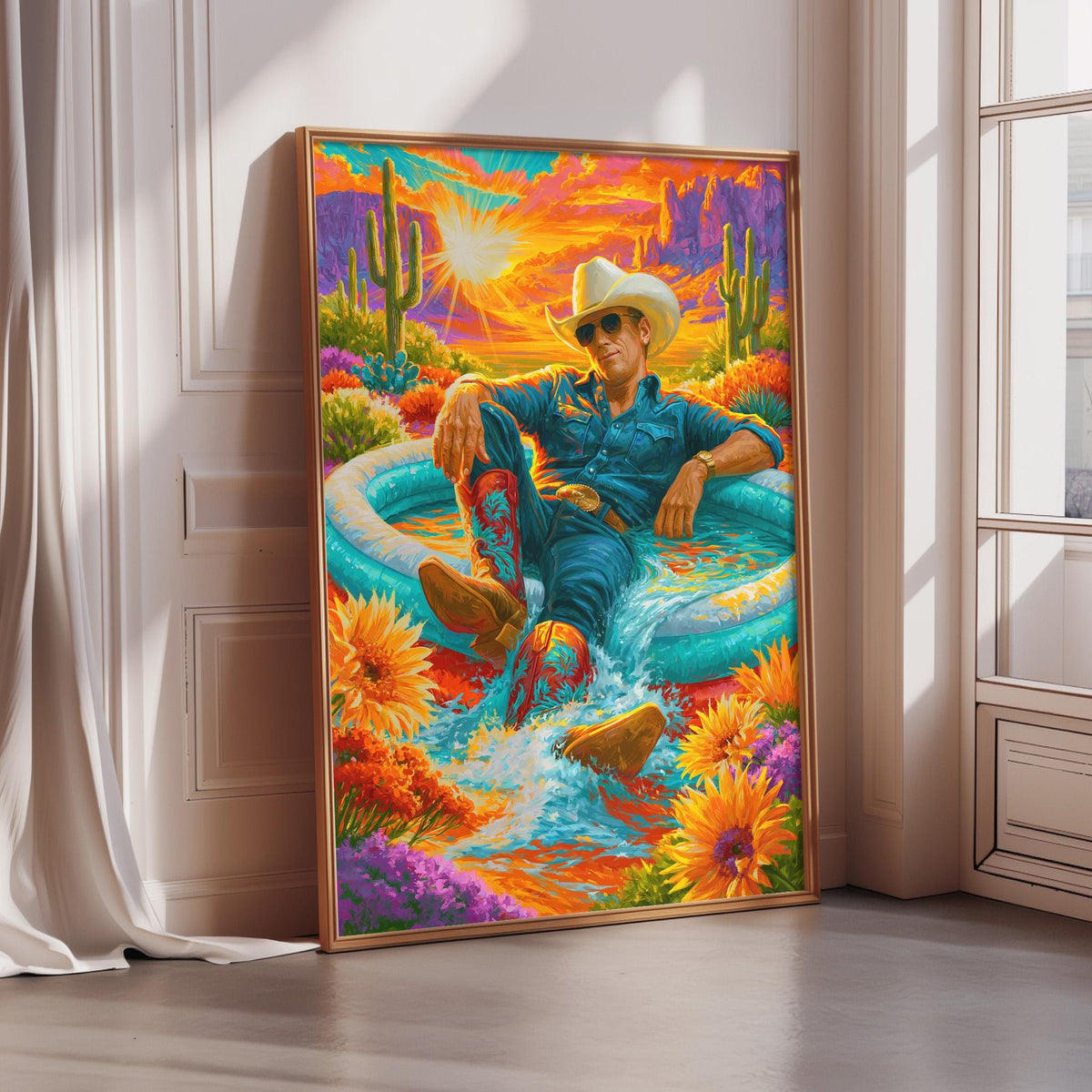A colorful painting depicting a man in a cowboy hat sitting in a pool surrounded by flowers and a sunset.