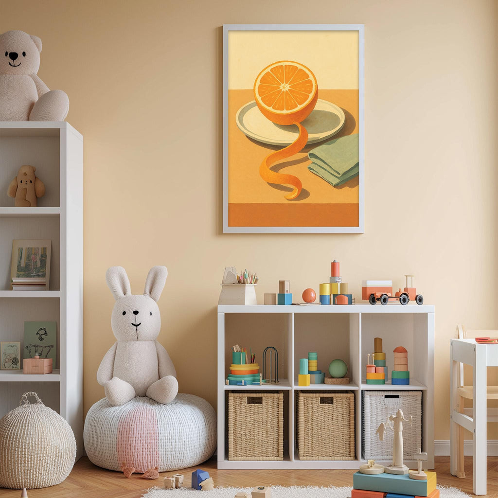 A cozy children's room with a white bookshelf, a plush rabbit, and a colorful toy box filled with various toys. A framed artwork of an orange slice is displayed on the wall above the bookshelf.