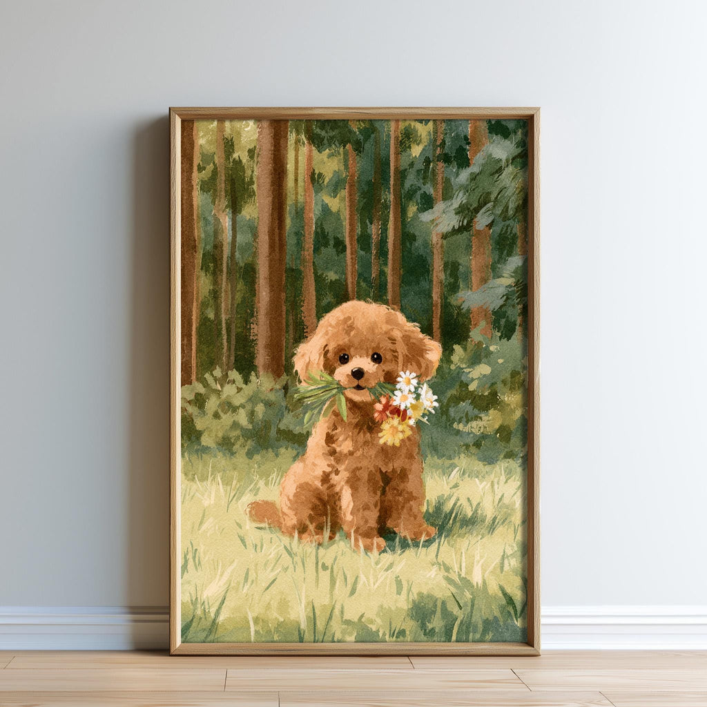 A framed painting depicting a brown dog sitting in a grassy field, holding a bouquet of flowers in its mouth.