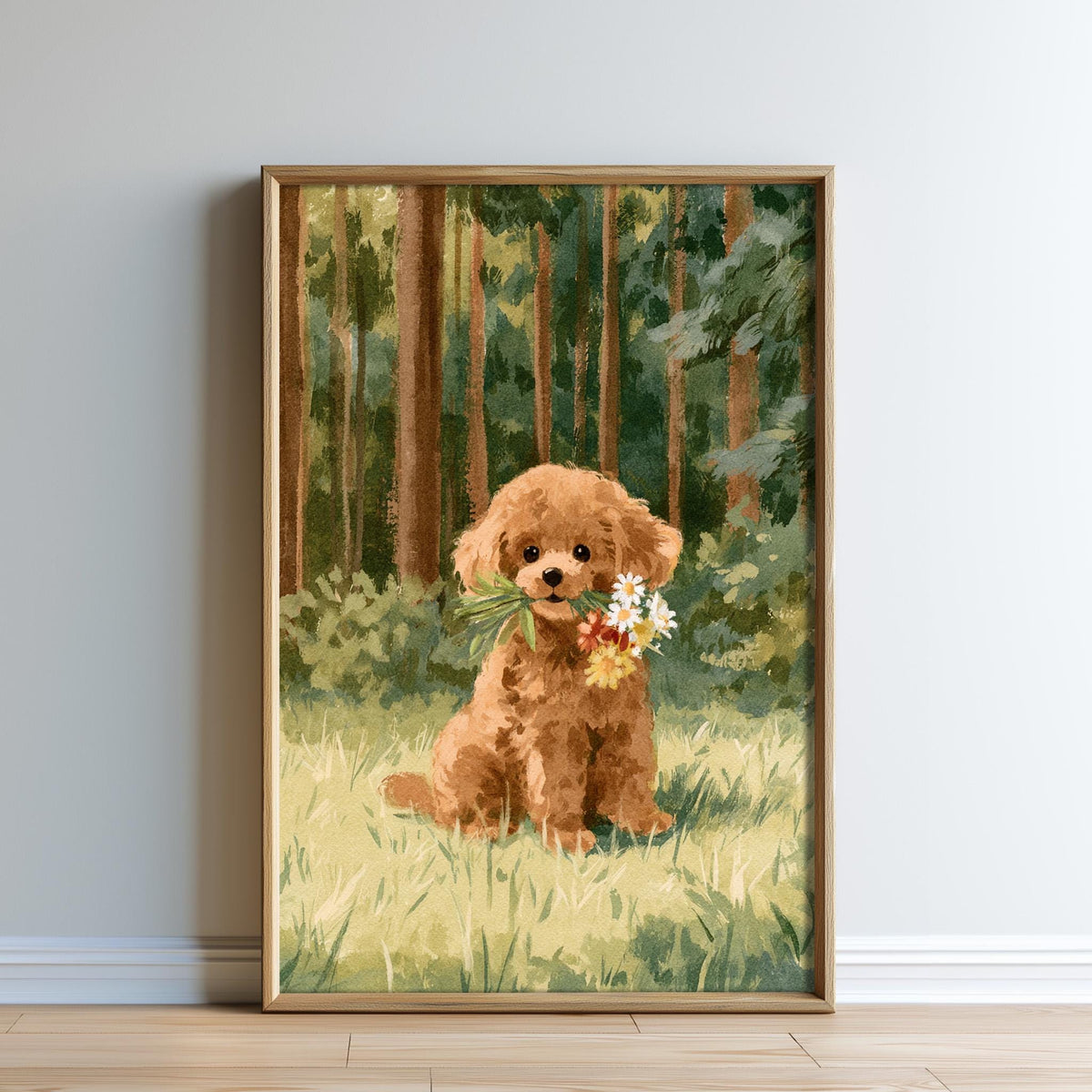 A framed painting depicting a brown dog sitting in a grassy field, holding a bouquet of flowers in its mouth.