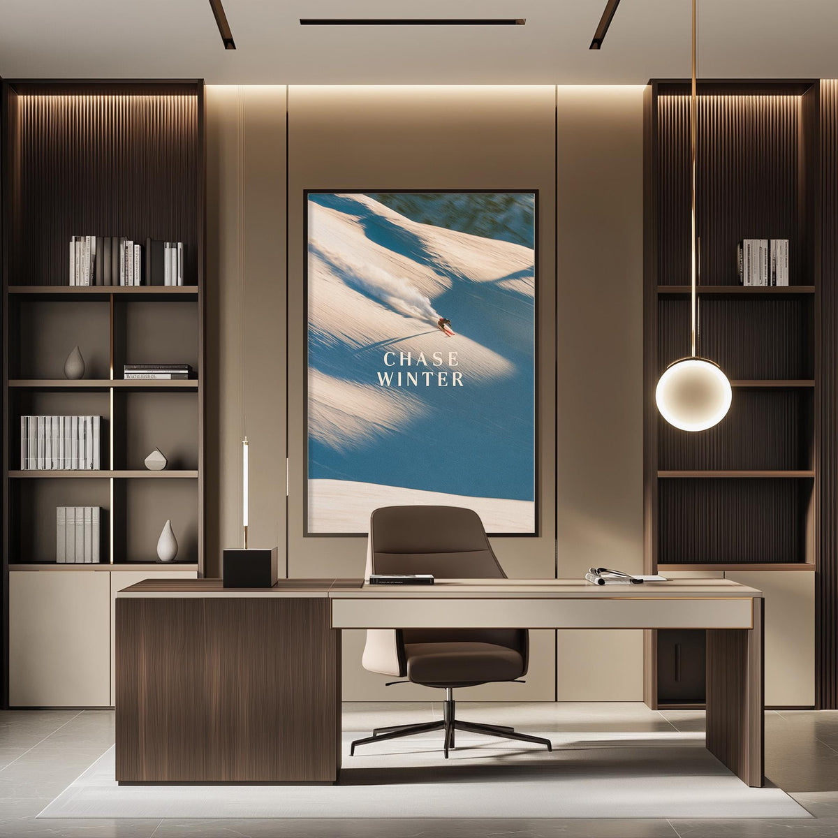 a modern office space with a large framed poster of a skier on the wall, a wooden desk with a chair, and built-in bookshelves.