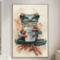 a large painting of a frog sitting on a table and holding a cup, with the text "IT IS WHAT IT IS" written on the cup.