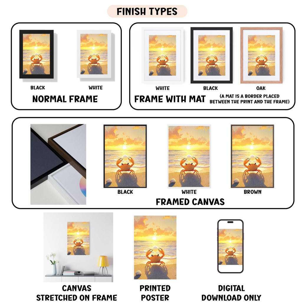 various types of artwork, including framed pictures, canvas prints, and digital files, all featuring a sunset scene.