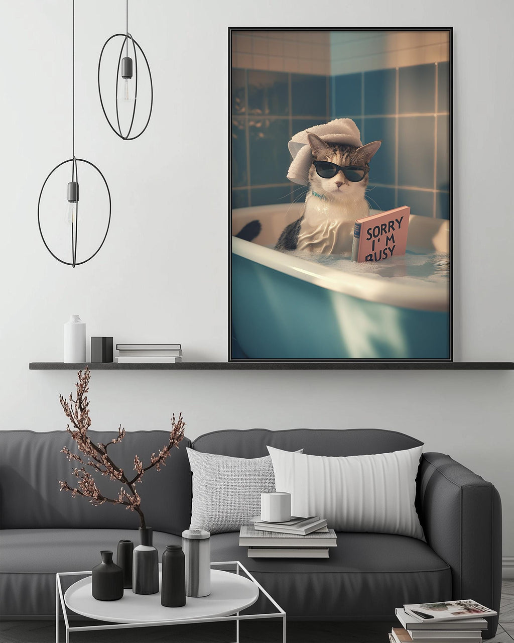 A cat wearing sunglasses and holding a sign that says "Sorry I'm busy" is sitting in a bathtub in a living room.