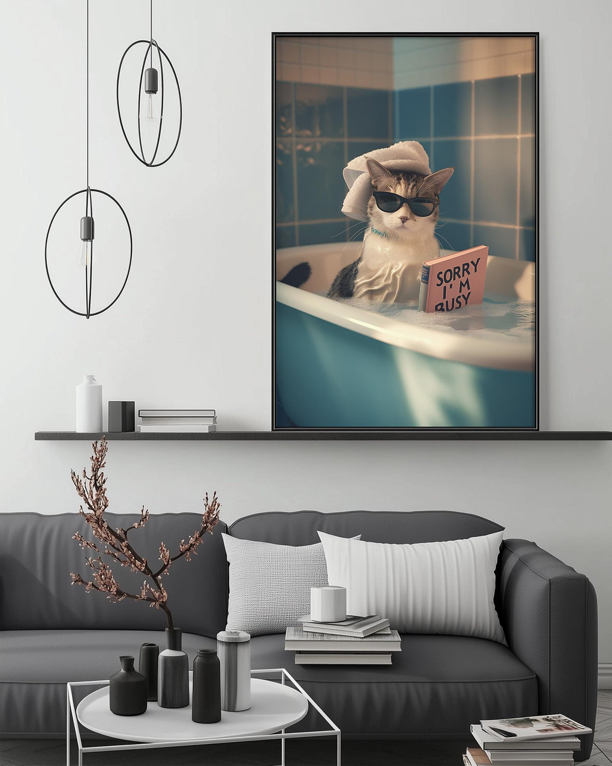 A cat wearing sunglasses and holding a sign that says "Sorry I'm busy" is sitting in a bathtub in a living room.
