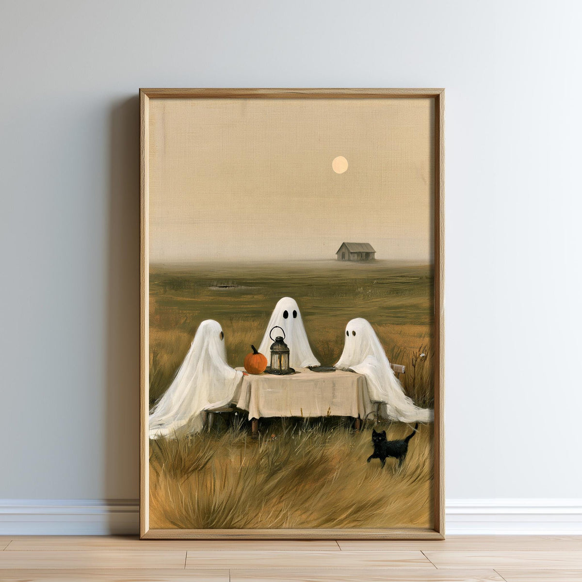 The image is a painting depicting three ghostly figures sitting at a table in a field, with a small black cat standing nearby.