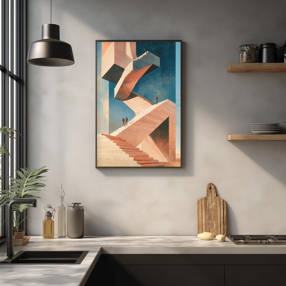 a modern kitchen with a large abstract painting hanging on the wall above a countertop. The painting depicts a staircase with a geometric design in shades of pink and blue. The kitchen countertop has various items, including a cutting board, a bottle, and a vase. The overall scene has a minimalist and contemporary aesthetic.