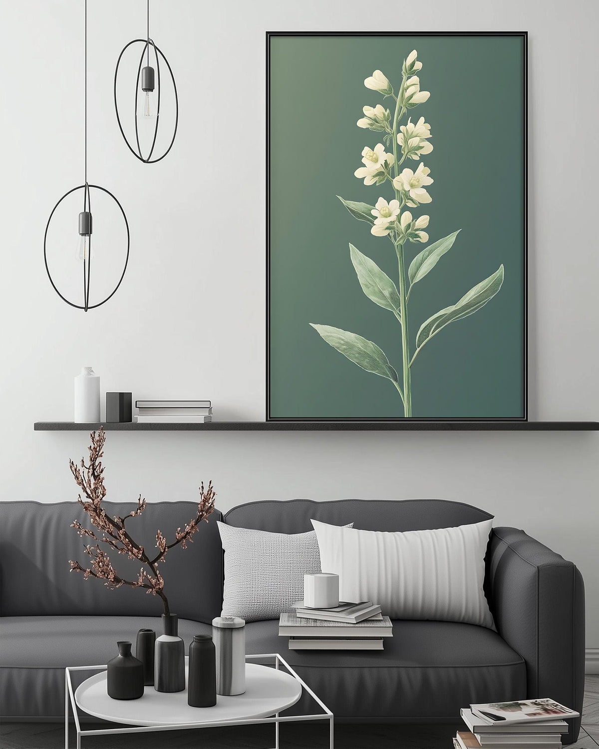 a modern living room with a gray sofa, a coffee table, and a large framed print of a flower on the wall.
