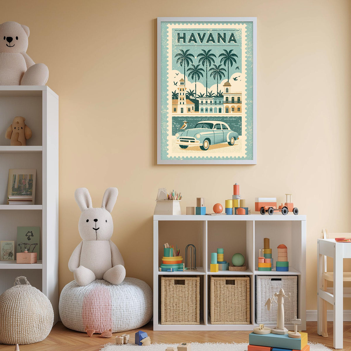 A child's bedroom with a vintage-style poster of Havana, a white bookshelf filled with toys, and a stuffed rabbit sitting on a bean bag chair.