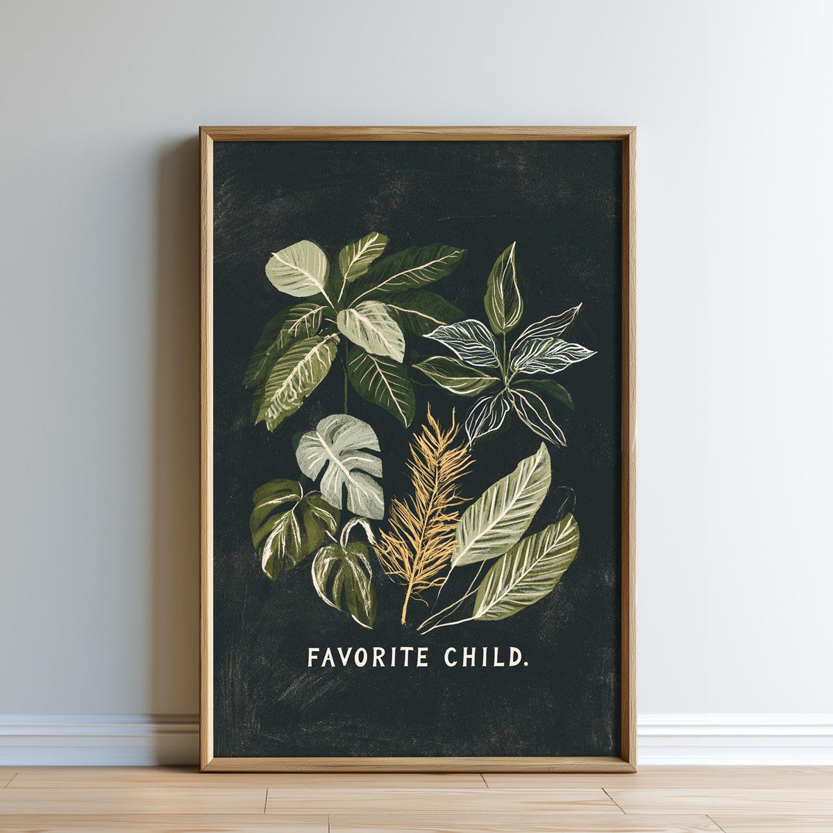 The image is a framed print featuring a black background with a collage of various green leaves and plants, along with the text "Favored Child."