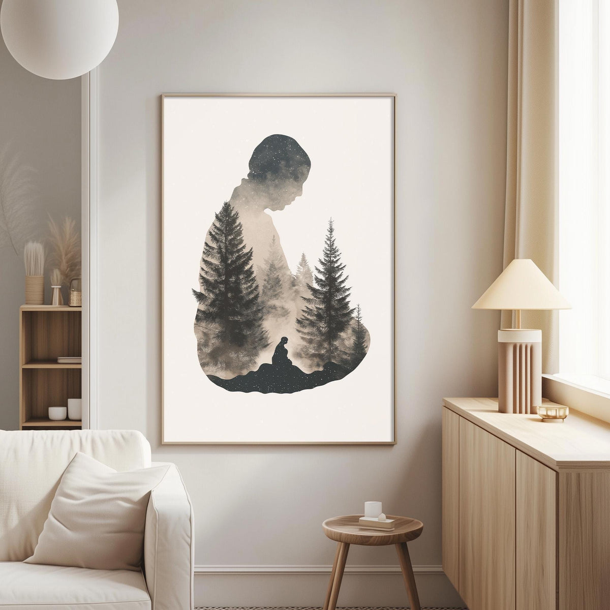 a living room with a large framed print of a silhouette of a person in front of a forest scene hanging on the wall.