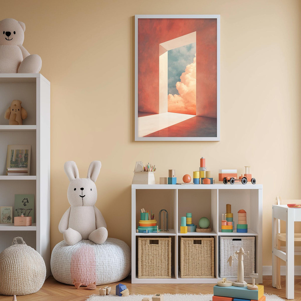 A cozy children's room with a white rabbit sitting on a bean bag chair, surrounded by shelves filled with toys and books, and a colorful painting of an open doorway on the wall.
