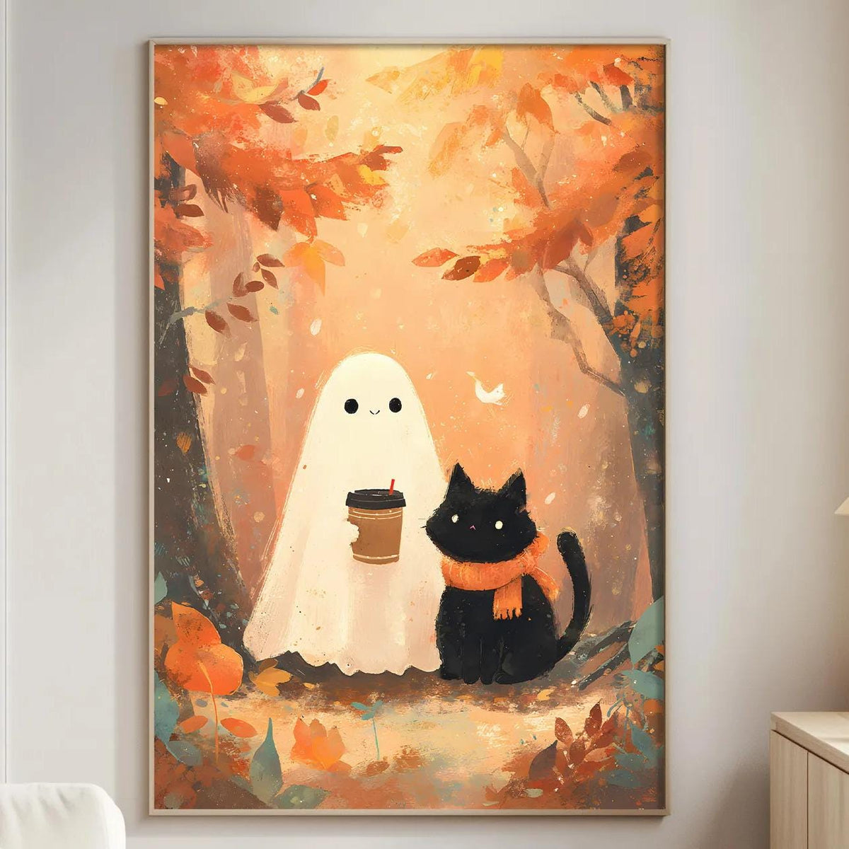 a cozy living room with a large framed artwork depicting a ghost and a black cat sitting together in a forest setting with autumn leaves.