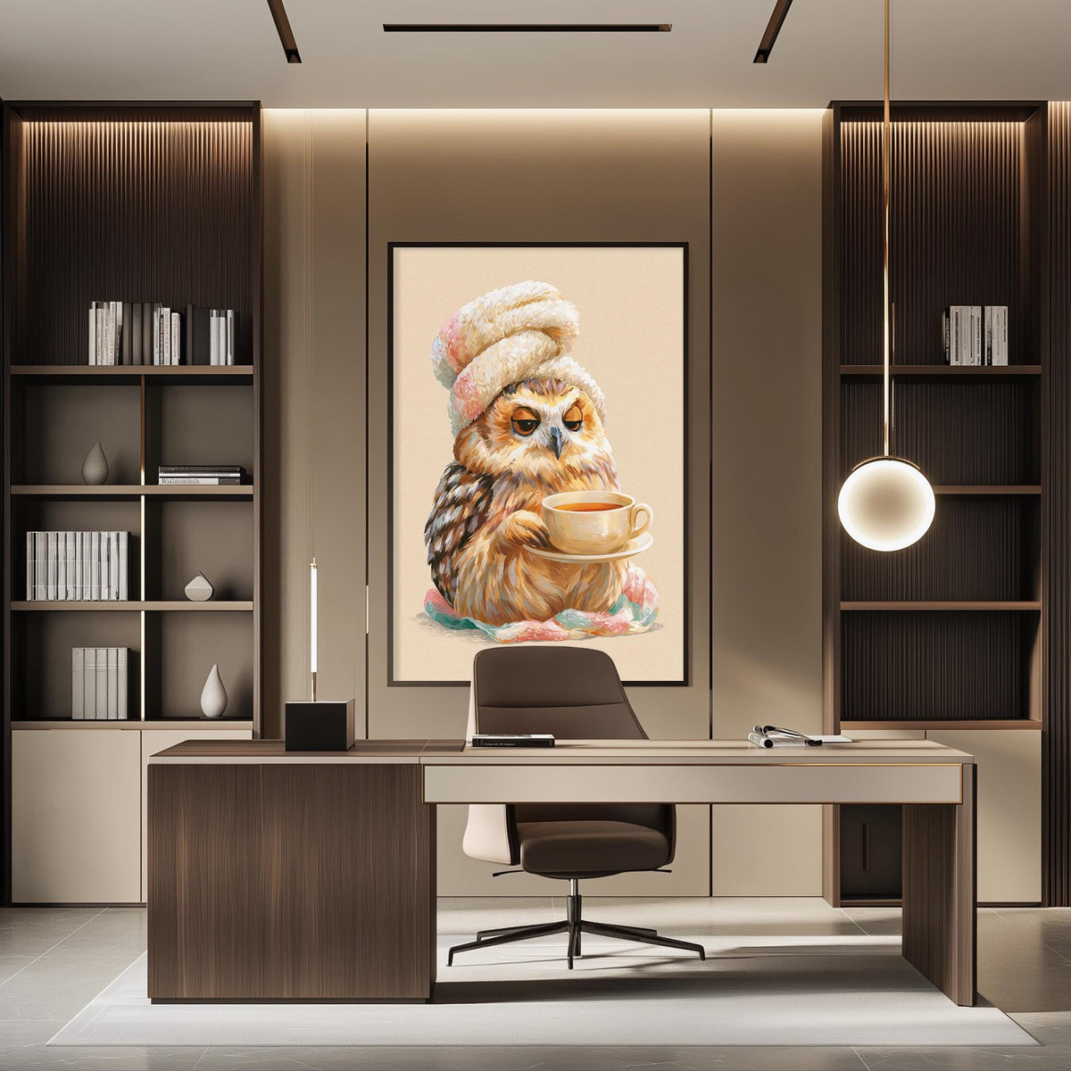 a modern office space with a large framed picture of an owl wearing a hat and holding a cup of coffee on the wall. The office has a wooden desk, a chair, and a bookshelf filled with books.