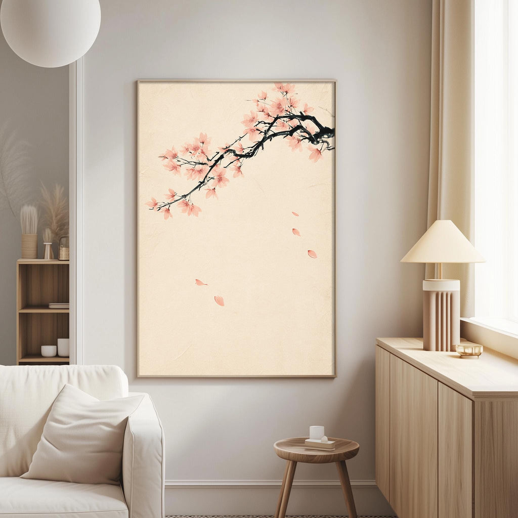 a serene living room with a large framed artwork of a cherry blossom tree on the wall, featuring pink flowers and fallen petals. The room is furnished with a white sofa, a wooden side table, and a lamp, creating a cozy and inviting atmosphere.