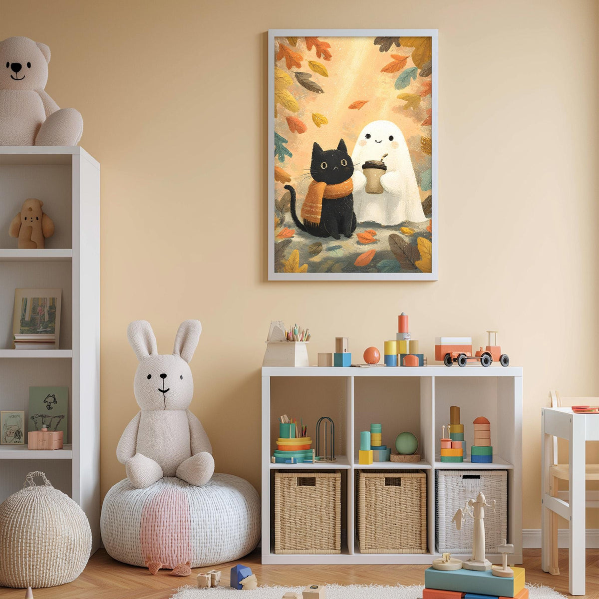 a cozy and colorful children's bedroom with a bookshelf, a bean bag chair, and a toy chest filled with toys. A framed picture of a cat, a ghost, and a rabbit is hanging on the wall above the bookshelf.