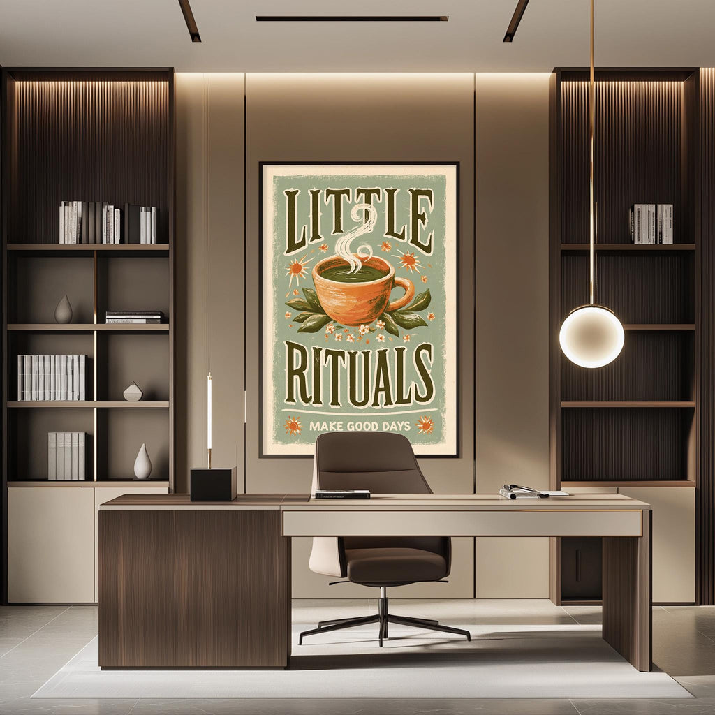 a modern office space with a large framed poster on the wall that reads "LITTLE RITUALS MAKE GOOD DAYS". The office has a wooden desk, a chair, and a bookshelf filled with books. The overall design and decor create a professional and inviting atmosphere.