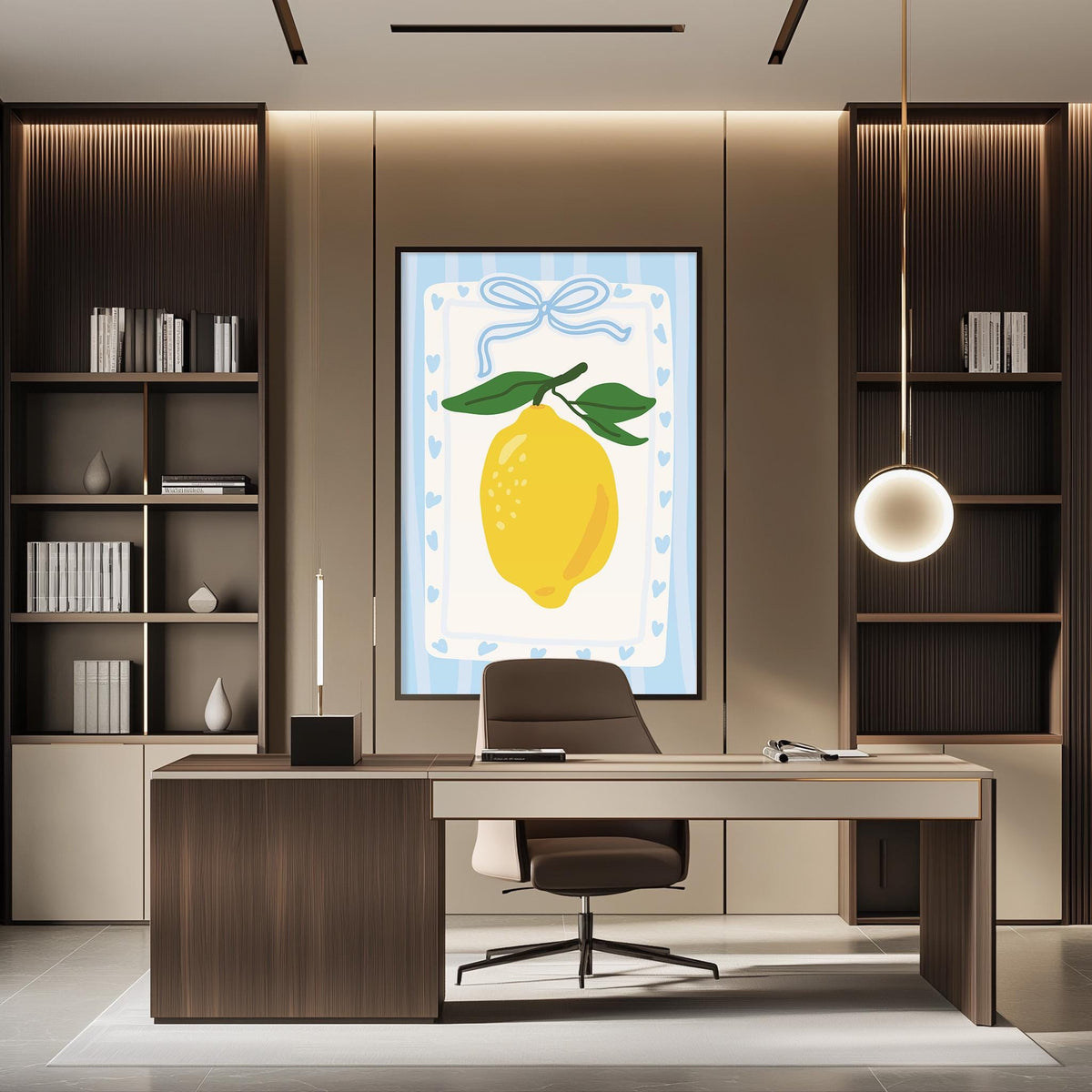 a modern office space with a large framed picture of a lemon on the wall, a wooden desk with a chair, and built-in bookshelves.