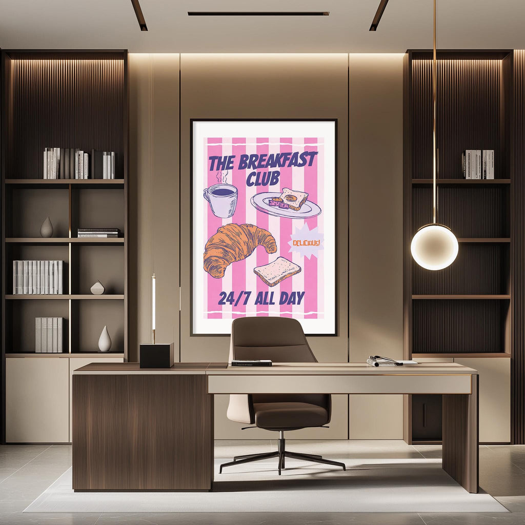 a modern office space with a large poster of a breakfast club advertisement on the wall. The poster displays various breakfast items such as a croissant, toast, and coffee, along with the text "The Breakfast Club" and "24/7 All Day". The office has a wooden desk and chair, and there are bookshelves on either side of the poster.