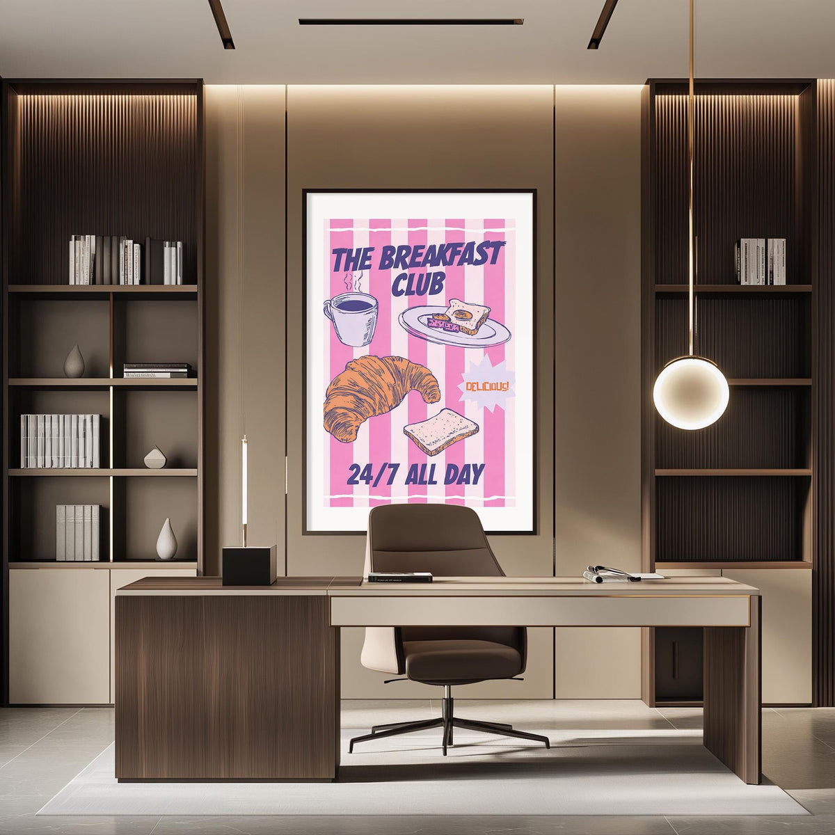 a modern office space with a large poster of a breakfast club advertisement on the wall. The poster displays various breakfast items such as a croissant, toast, and coffee, along with the text "The Breakfast Club" and "24/7 All Day". The office has a wooden desk and chair, and there are bookshelves on either side of the poster.