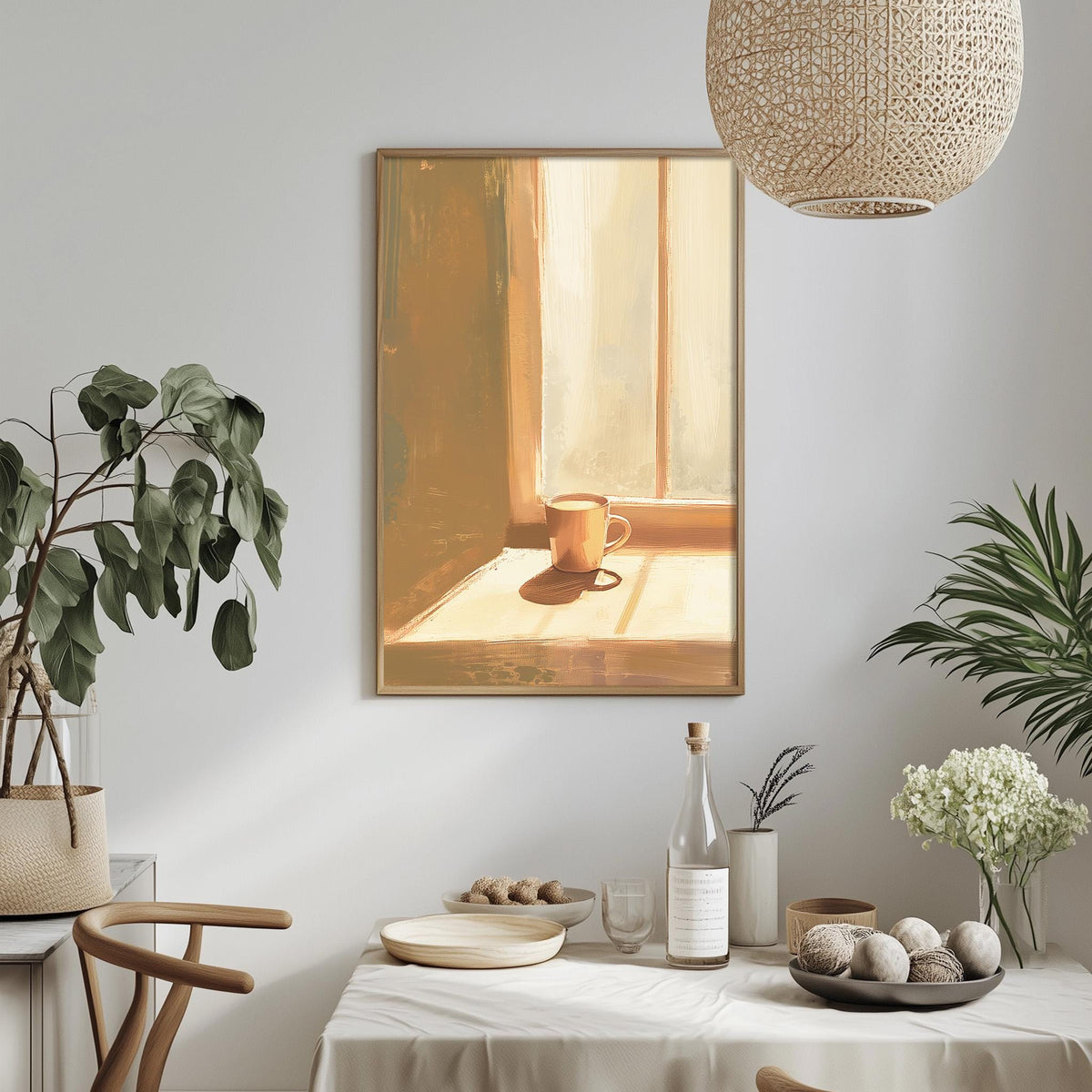 a cozy dining area with a table set for two, featuring a vase of white flowers, a bowl of fruit, and a bottle of wine. Above the table, a framed painting of a cup on a windowsill is displayed, creating a warm and inviting atmosphere.