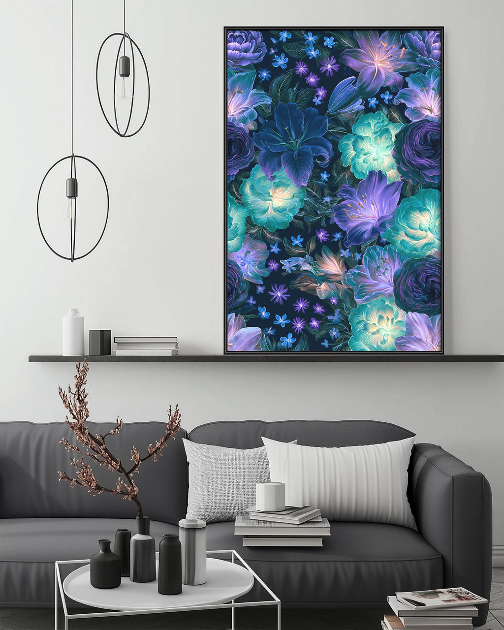 a large floral print hanging on a wall above a gray couch in a living room setting.