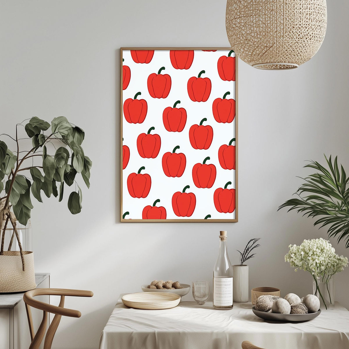 a dining table with a white tablecloth, a bowl of fruit, a bottle, and a vase with flowers. Above the table, there is a framed picture of red peppers on a white background.