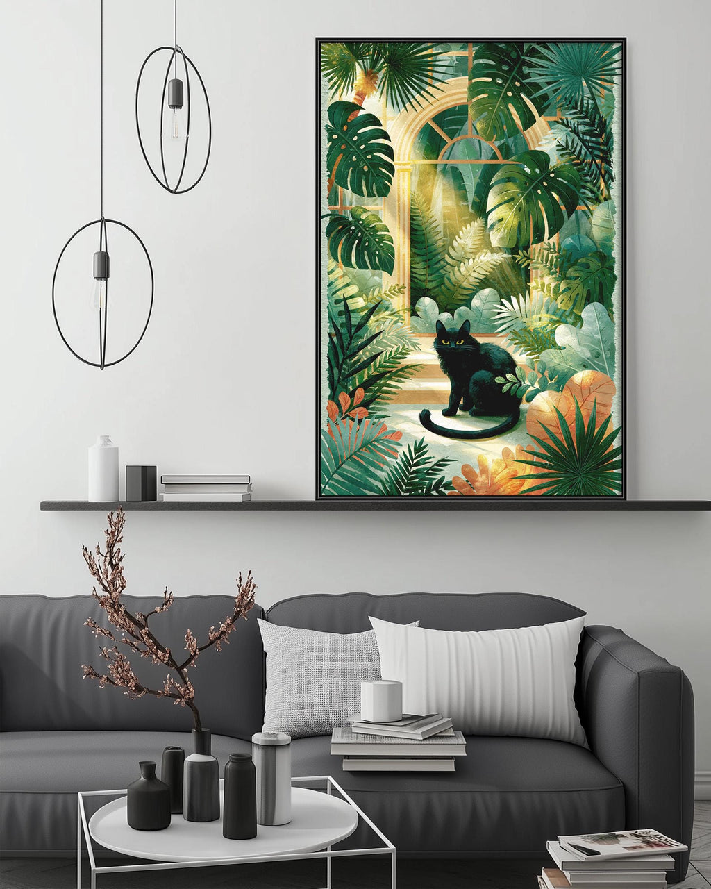 a large, colorful painting of a black cat sitting in a lush, tropical garden setting, hanging on a wall above a gray couch with white pillows.