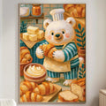 a cozy living room with a large painting of a white bear wearing a chef's hat and apron, surrounded by various baked goods such as bread, pastries, and cakes.