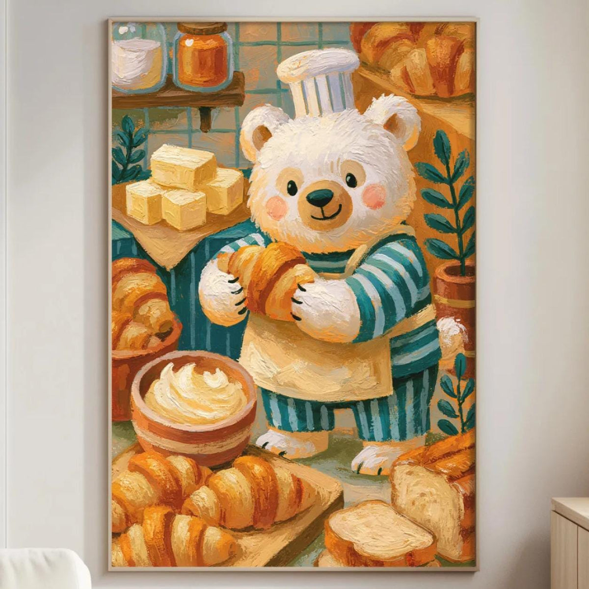 a cozy living room with a large painting of a white bear wearing a chef's hat and apron, surrounded by various baked goods such as bread, pastries, and cakes.