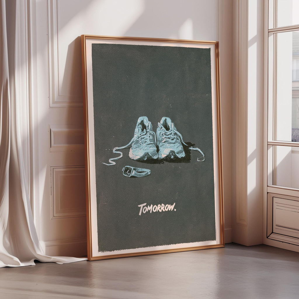 a framed poster with a pair of blue sneakers and the word " Tomorrow" written on it.