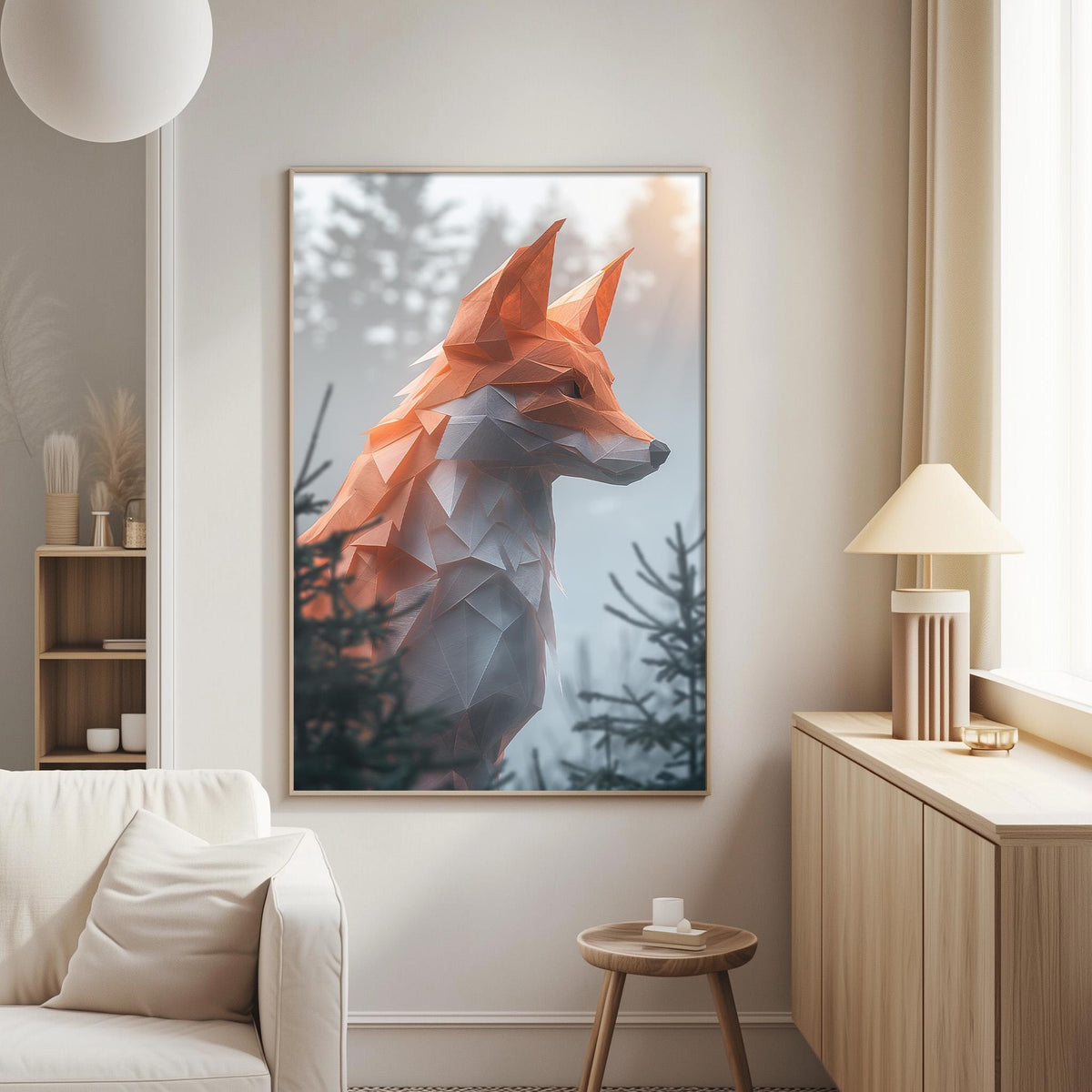 a large, abstract painting of a fox in a forest setting, hanging on a wall in a living room.