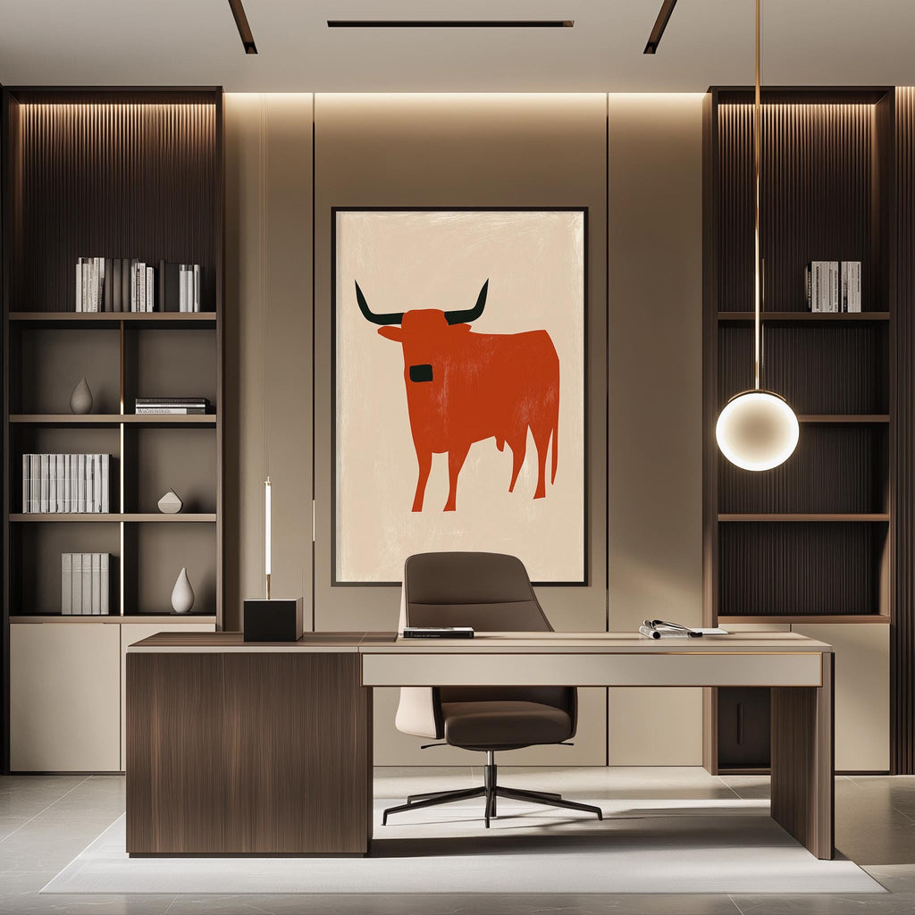 a modern office space with a large abstract painting of a bull on the wall. The bull is depicted in a bold, orange color, contrasting with the neutral tones of the room. The office has a sleek, minimalist design with a wooden desk, a comfortable-looking chair, and a pendant light hanging above the desk. The room also includes built-in bookshelves and a large window, creating a bright and airy atmosphere.
