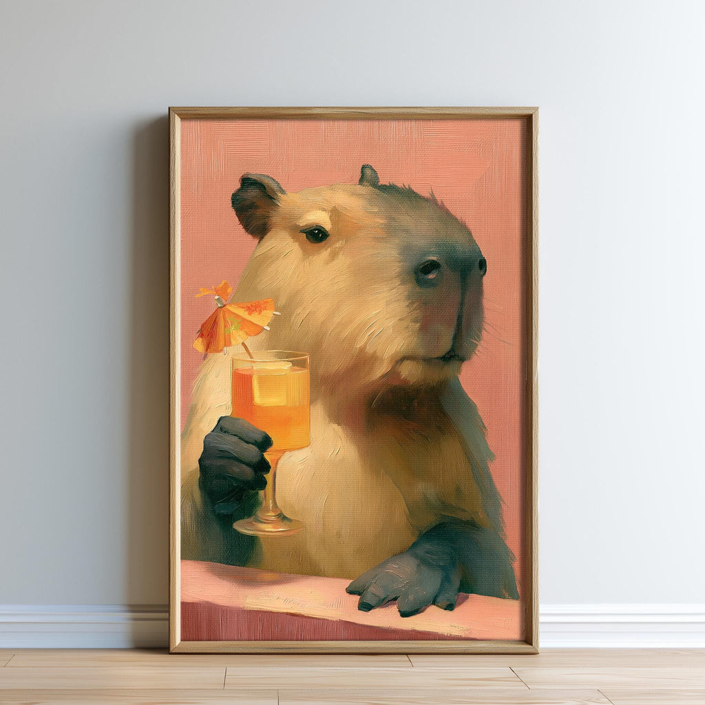 A painting of a capybara holding a glass of orange juice, with a pink background.