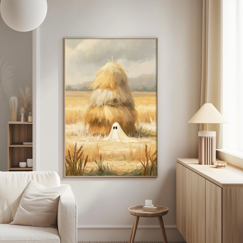 a cozy living room with a large painting of a ghost in a field of hay bales hanging on the wall.