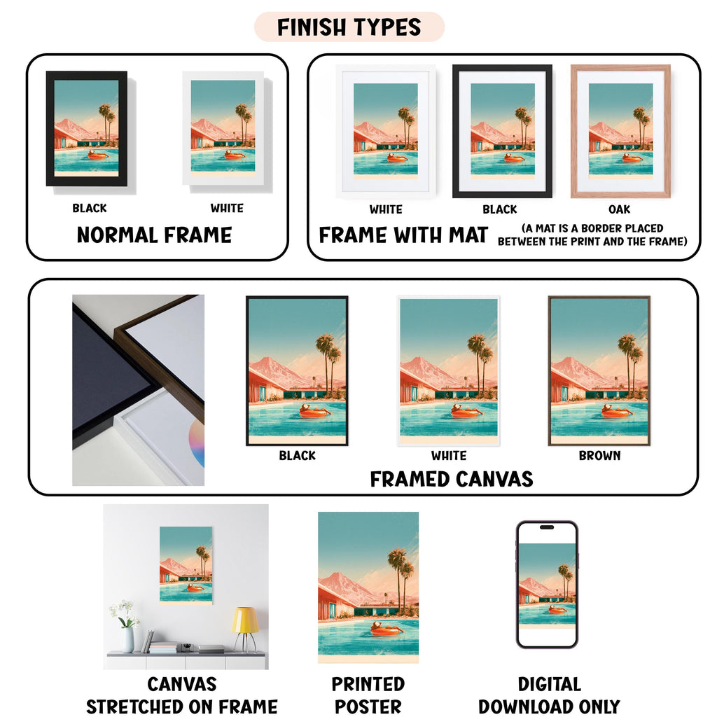 various finish types for a framed artwork, including a normal frame, a frame with a mat, a black frame, a white frame, a black frame, a white framed canvas, a stretched canvas, a printed poster, and a digital download only.