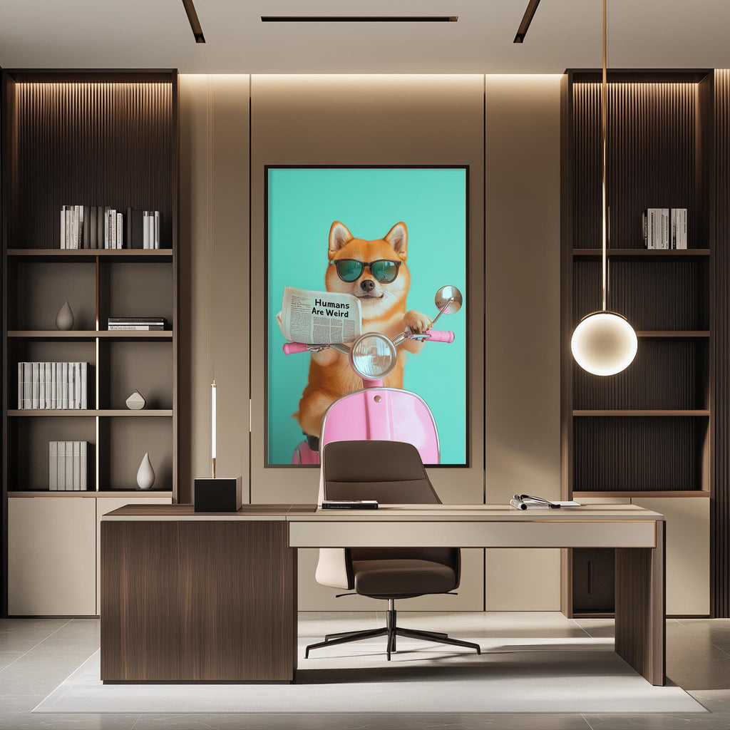 a modern office space with a large framed poster of a Shiba Inu dog on a scooter, wearing sunglasses and holding a newspaper. The office has a desk, chair, and bookshelves, creating a professional and stylish atmosphere.