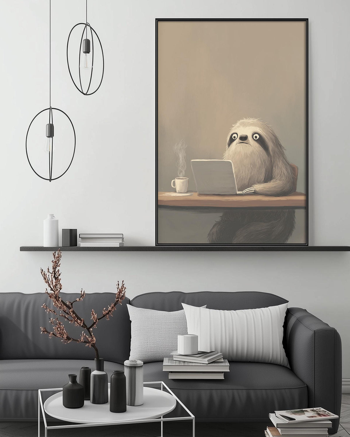 a cozy living room with a gray couch, a coffee table, and a large framed painting of a sloth using a laptop on a desk. The painting is hanging above the couch, creating a focal point in the room.