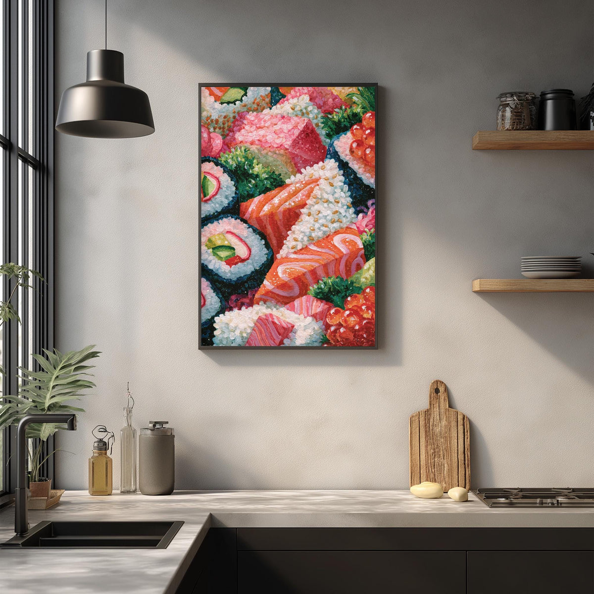 a kitchen counter with a framed painting of colorful sushi rolls hanging on the wall above it.