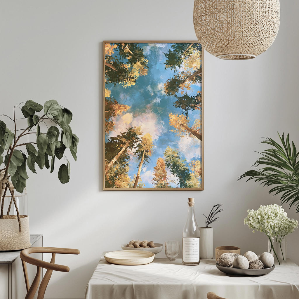 a serene indoor setting with a dining table, a potted plant, and a framed painting of a forest scene hanging on the wall.