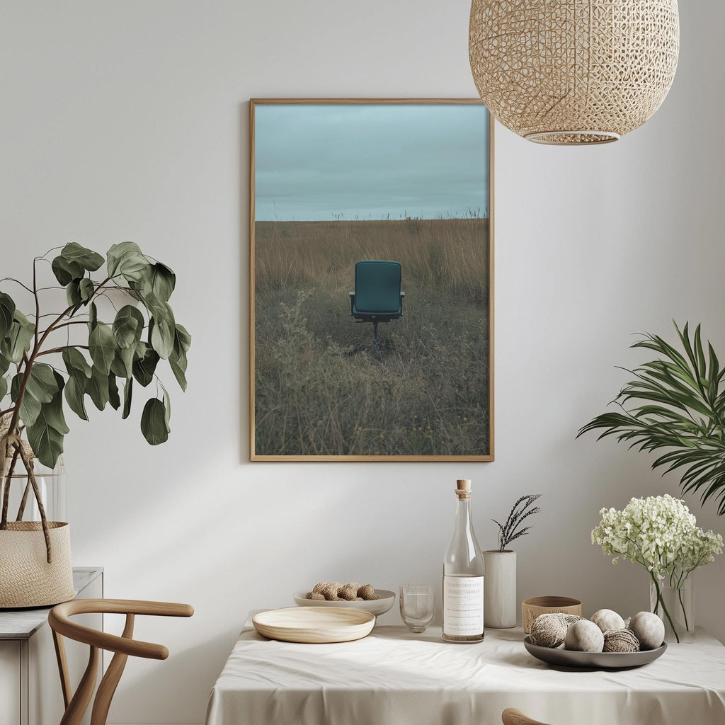 a dining table set with various items, including a bottle, a bowl, and a vase, all placed on a white tablecloth. Above the table, there is a framed picture hanging on the wall, depicting a chair in a field.