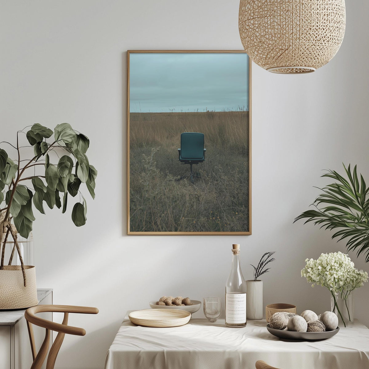 a dining table set with various items, including a bottle, a bowl, and a vase, all placed on a white tablecloth. Above the table, there is a framed picture hanging on the wall, depicting a chair in a field.