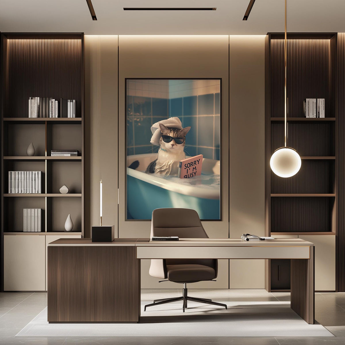 a modern office space with a large framed poster of a cat sitting in a bathtub, wearing sunglasses and holding a sign that says "Sorry I'm in the bathtub". The office has a wooden desk, a chair, and a bookshelf, creating a stylish and comfortable workspace.