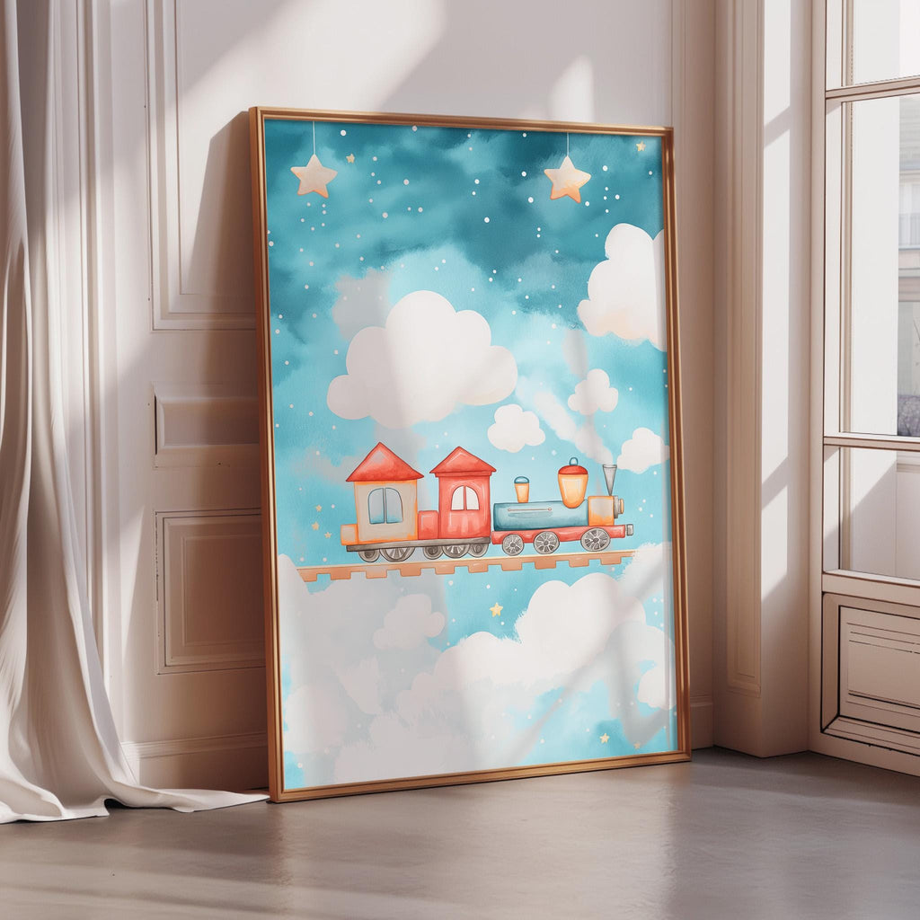 A framed poster depicting a whimsical scene of a train traveling through a starry night sky, with clouds and stars in the background.