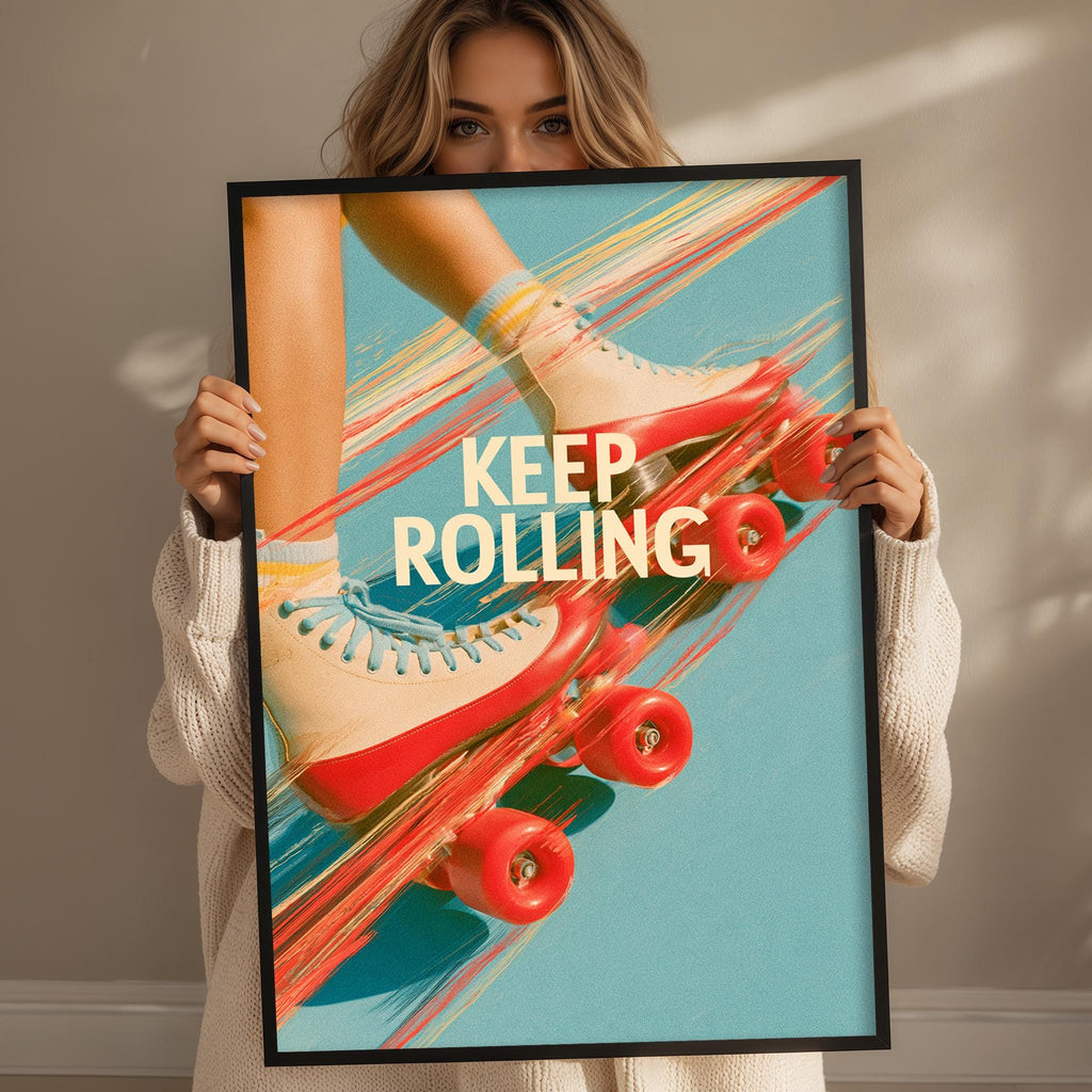 A woman holding a framed poster with a rollerblader on it, with the text "KEEP ROLLING" prominently displayed.