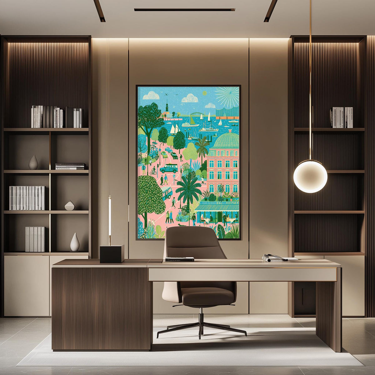 a modern office space with a large, colorful painting of a tropical city hanging on the wall. The office features a wooden desk, a comfortable-looking chair, and a bookshelf filled with books. The overall design and decor create a pleasant and inviting atmosphere.