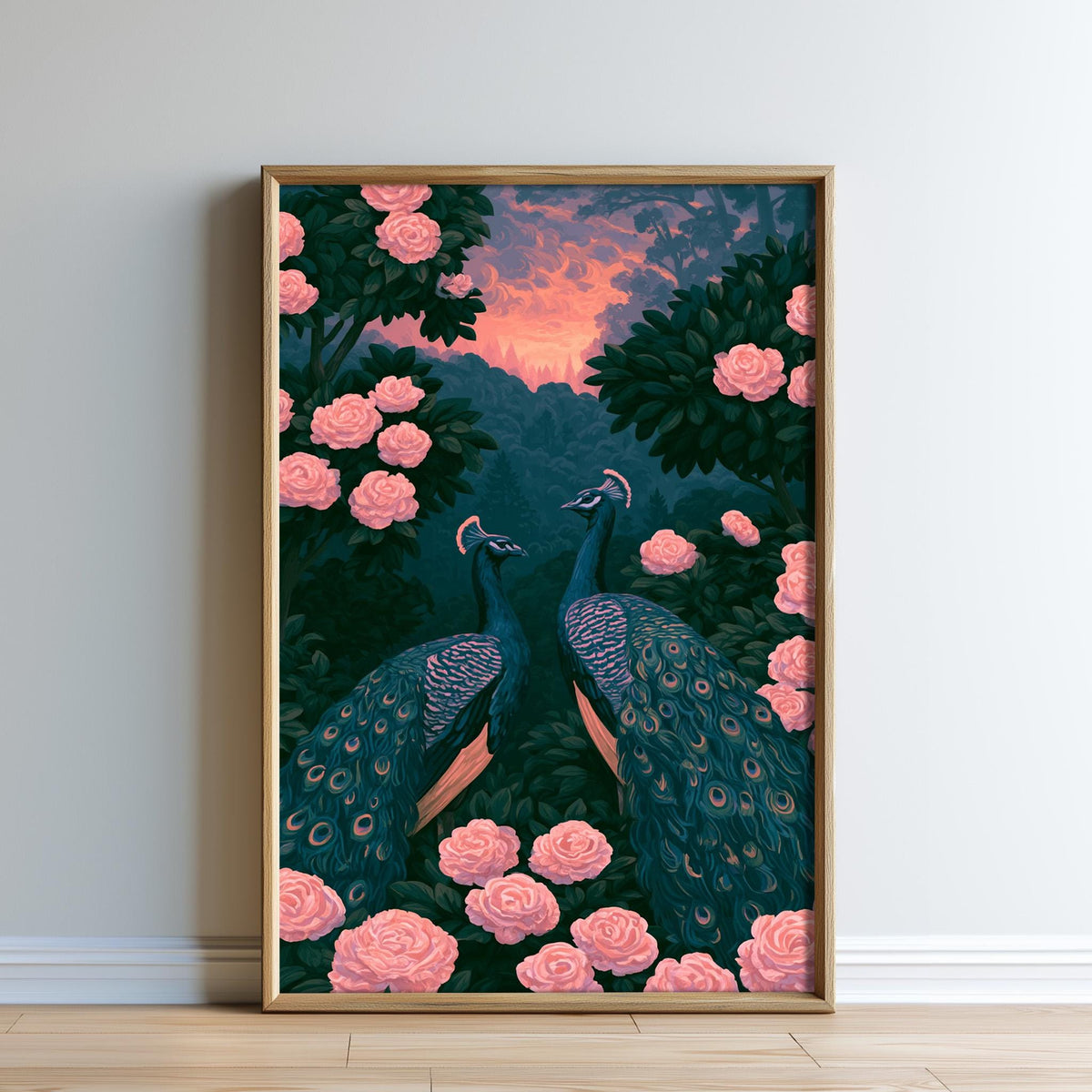 A framed painting depicting two peacocks standing amidst pink flowers and a sunset sky.