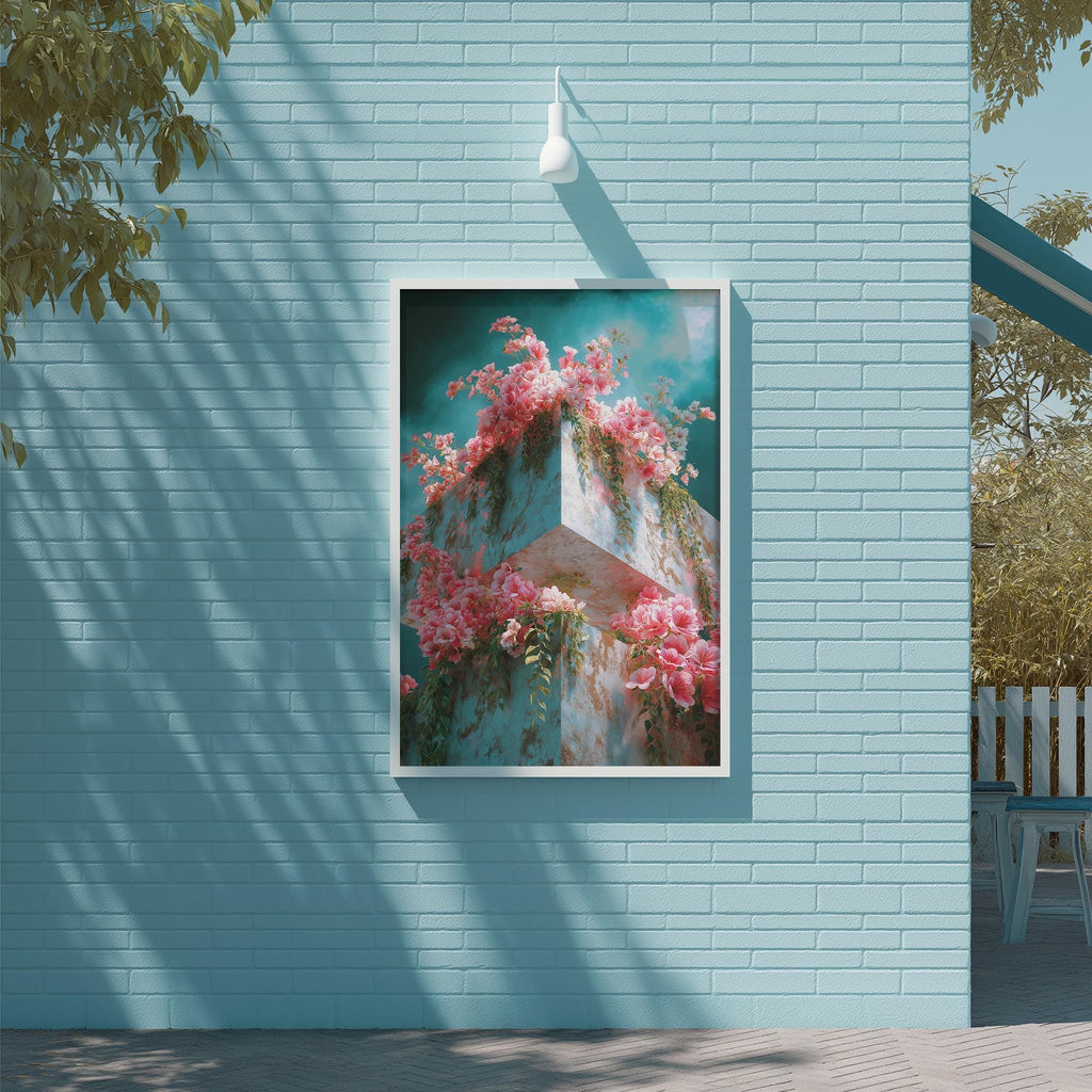 A framed photograph of pink flowers is displayed on a blue brick wall, with a white light fixture hanging above it.